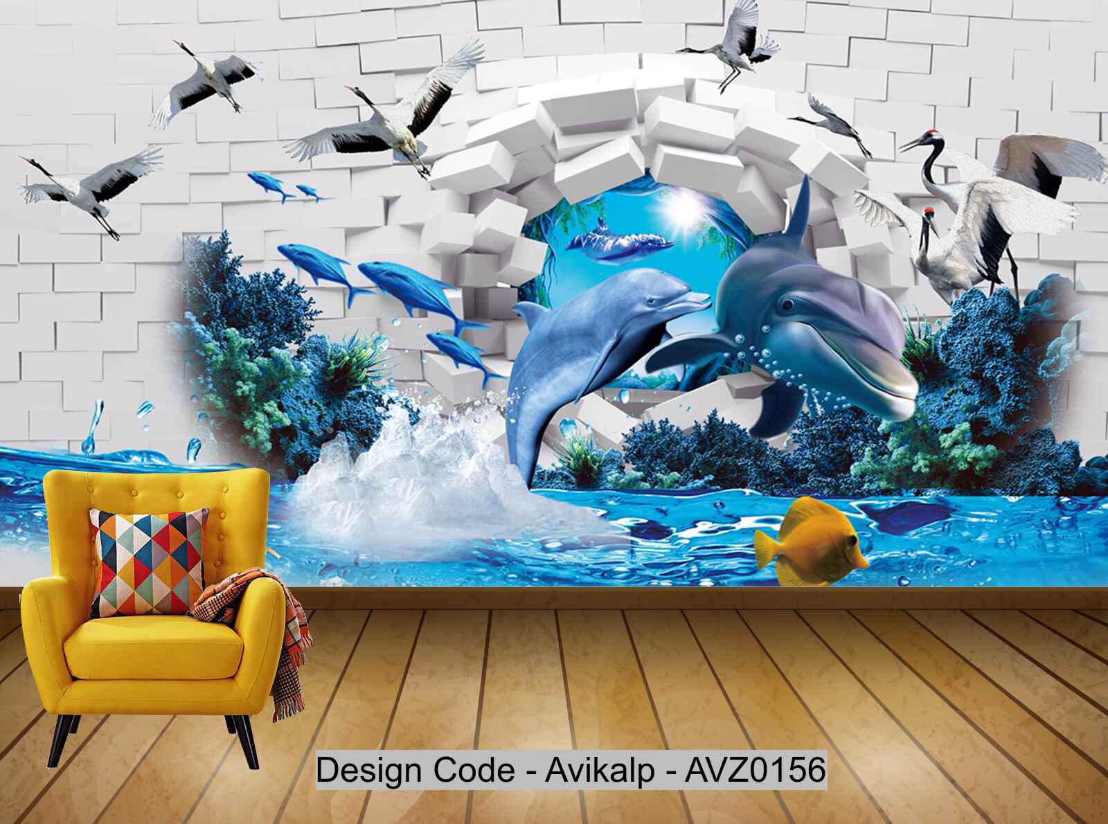 Avikalp Exclusive AVZ0156 Modern 3d Dolphin White Crane Background Wal ...