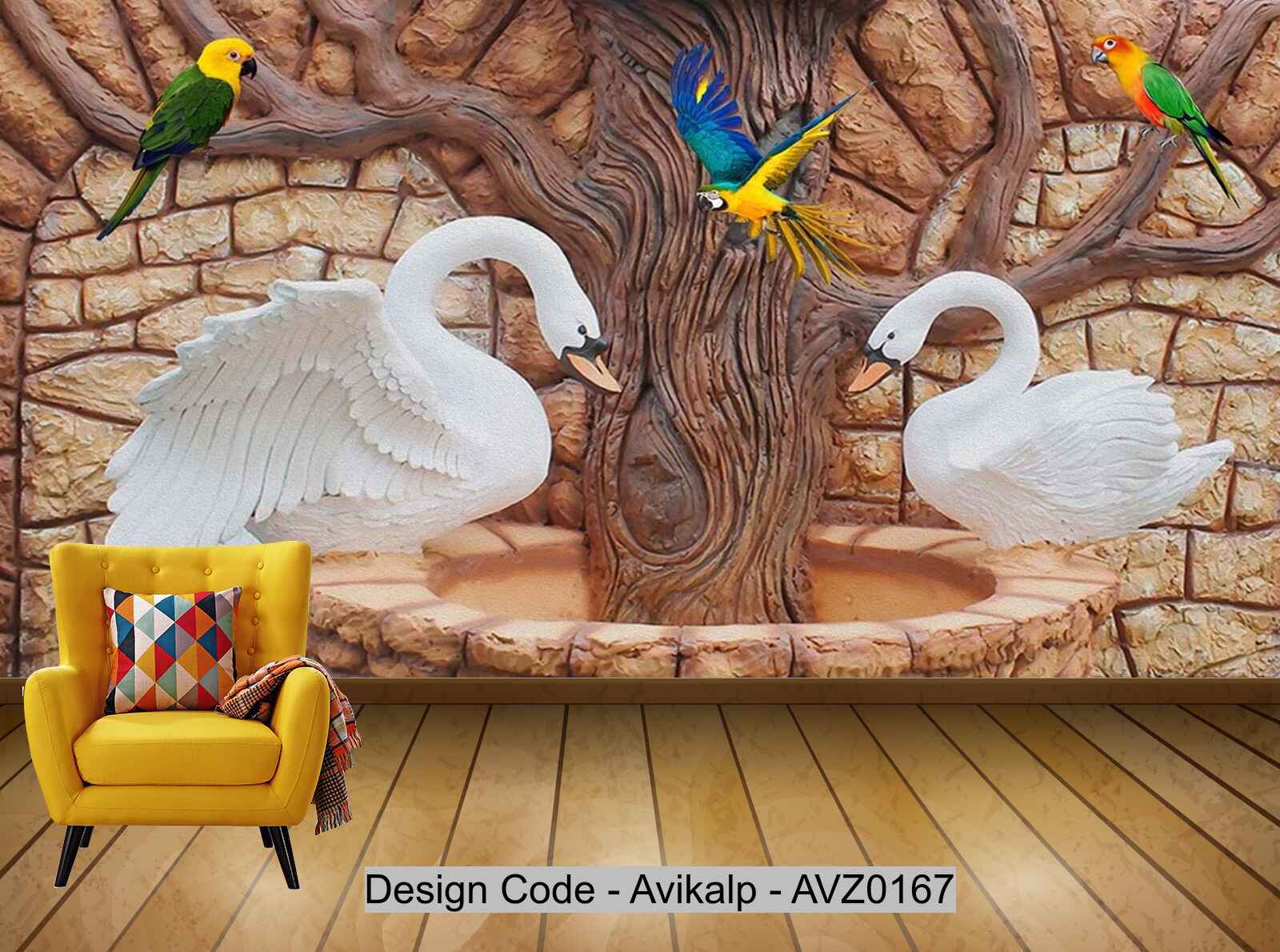 Avikalp Exclusive AVZ0167 Modern 3d Embossed Parrot Swan Big Tree Tv Background Wall HD 3D Wallpaper