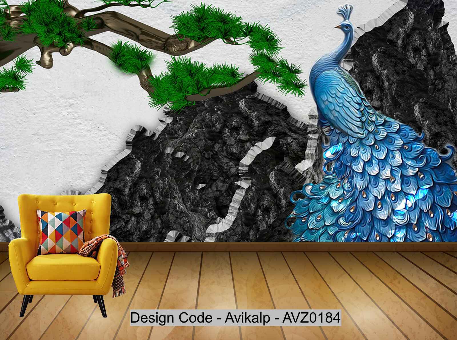 Avikalp Exclusive AVZ0184 Modern 3d Mountain Peak Peacock Ancient Pine Relief Background Wall HD 3D Wallpaper