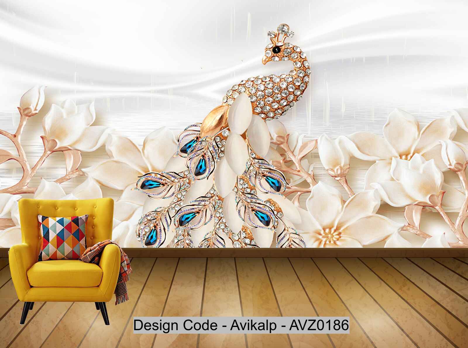 Avikalp Exclusive AVZ0186 3d Ornate Flower Sea Jewels With Diamonds Peacock White Silk Background Wall HD 3D Wallpaper