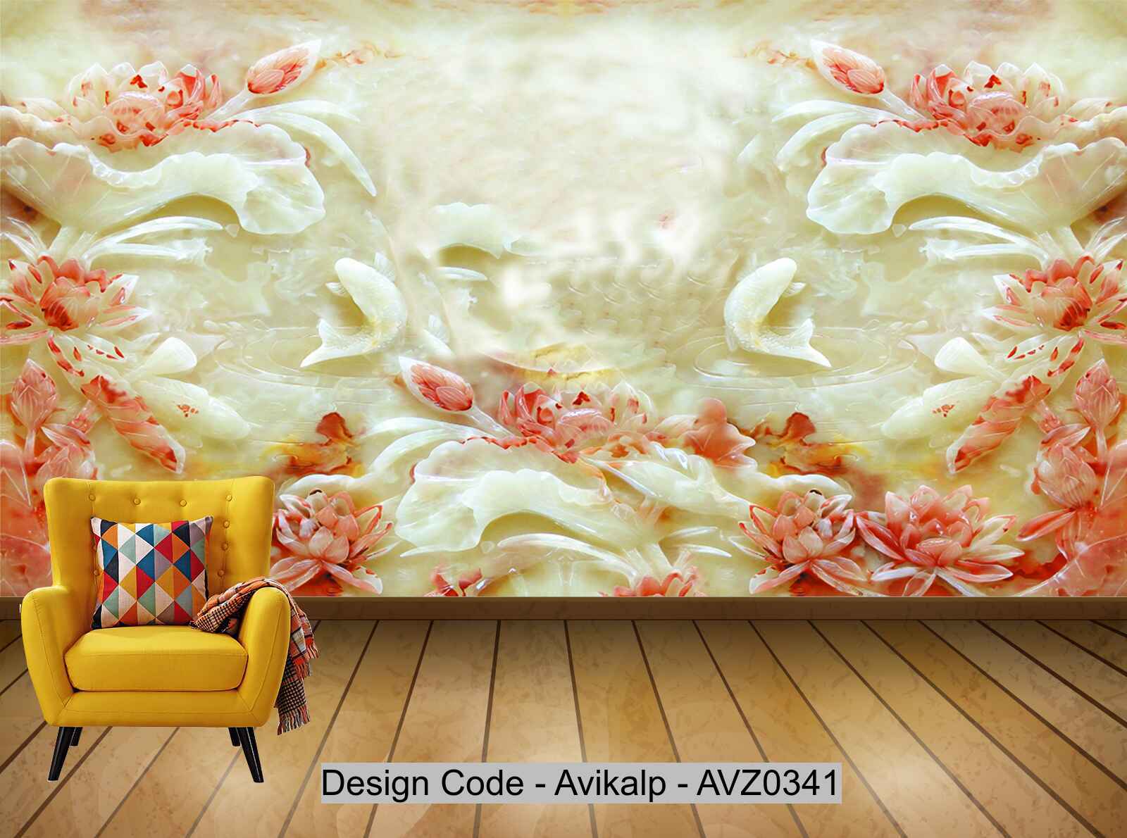 Avikalp Exclusive AVZ0341 Exquisite 3D Jade Carving Fish Swimming Background Wall HD 3D Wallpaper