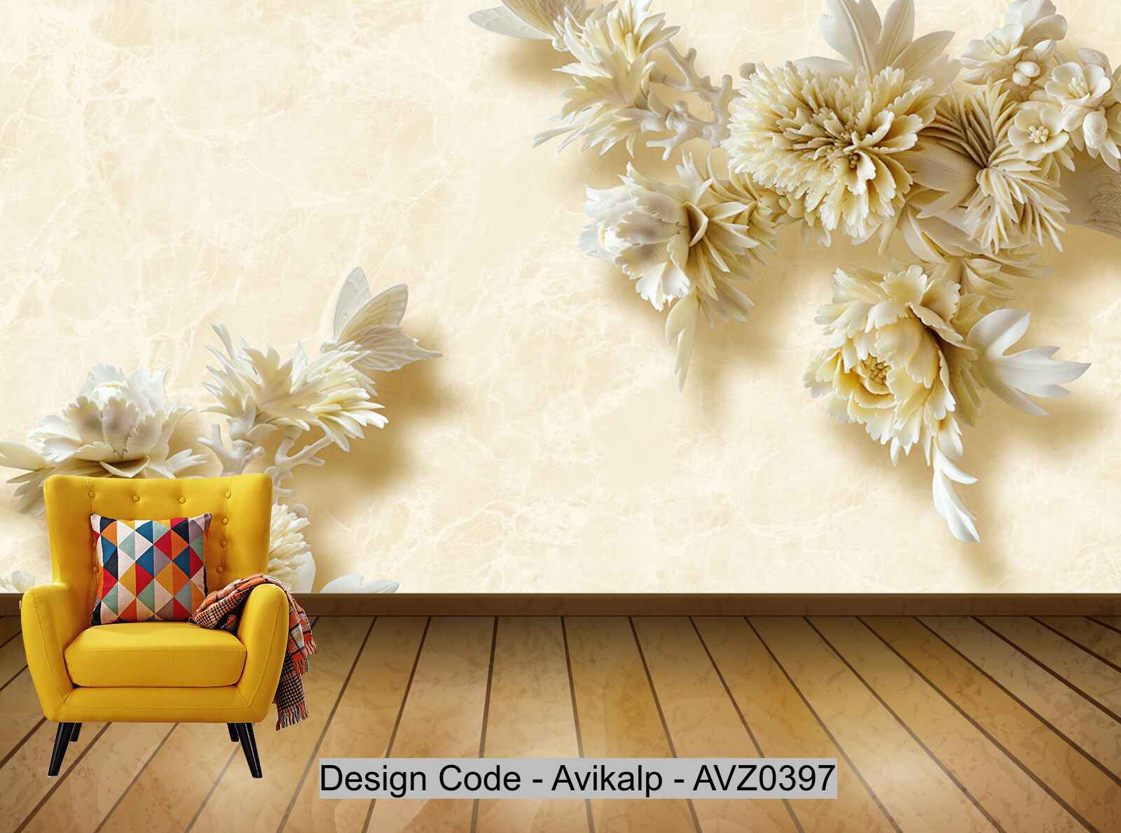 Avikalp Exclusive AVZ0397 3D Elegant Peony Wood Carved Marble Wall HD 3D Wallpaper