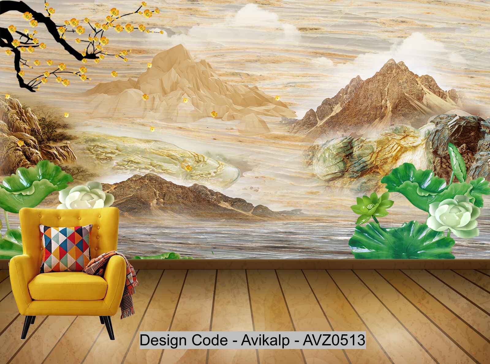 Avikalp Exclusive AVZ0513 Hd 3d Marbled Landscape Flower Sunrise Background Wall Green Hills Green Water HD 3D Wallpaper