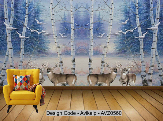 Avikalp Exclusive AVZ0560 Modern Nordic Beautiful Forest Deer Flying Bird Tv Background Wall HD 3D Wallpaper