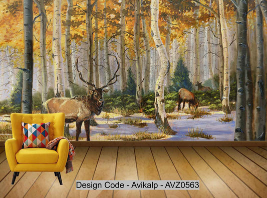 Avikalp Exclusive AVZ0563 Nordic Minimalist Mood Elk Forest Background Wall HD 3D Wallpaper