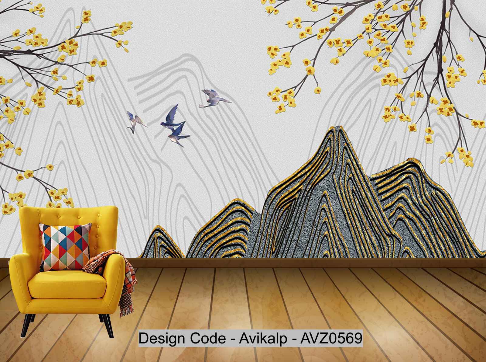 Avikalp Exclusive AVZ0569 Modern Style Creative Golden Mountain Flying Bird Flower Branch Custom Background Wall HD 3D Wallpaper