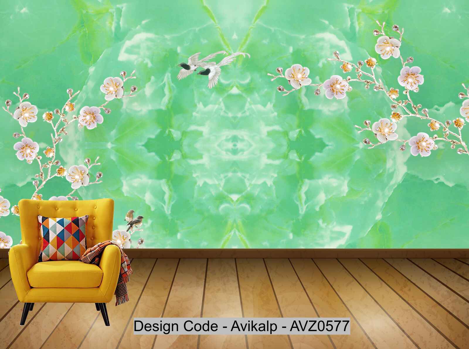 Avikalp Exclusive AVZ0577 New Chinese Emerald Marble 3D Floral Living Room Tv Background Wall Set HD 3D Wallpaper