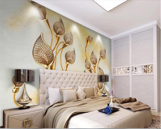 Avikalp Exclusive AWZ0157 3d Wall Murals Gold Calla Lily Diamond Carved Jewels Background HD 3D Wallpaper