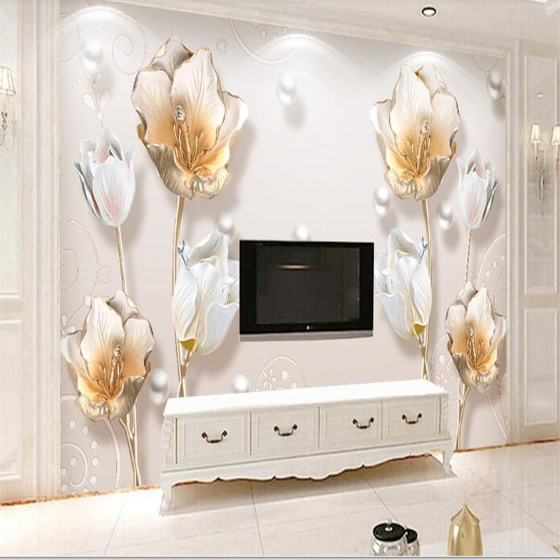 Avikalp Exclusive AWZ0164 3d Wallpaper Relief New Chinese Style Tulip Jewelry Three Dimensional Wall Decorative HD 3D Wallpaper