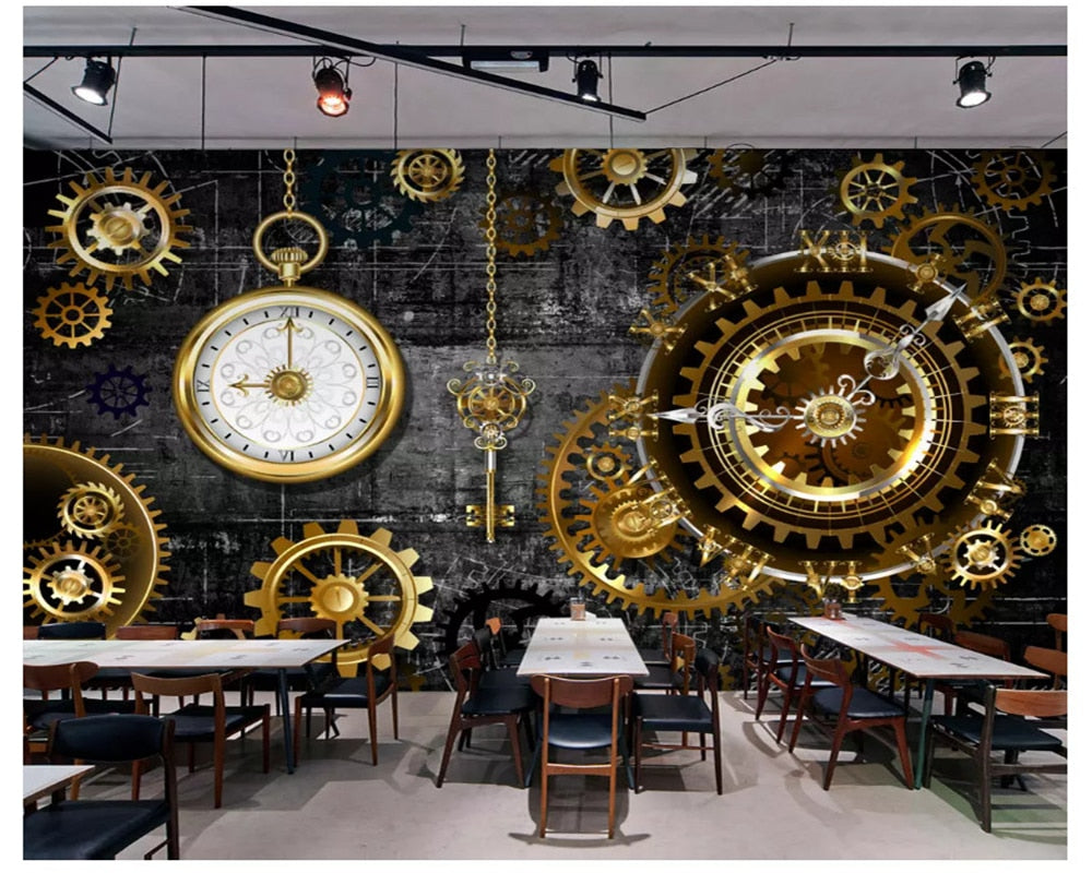 Avikalp Exclusive AWZ0169 Fashion Stereo European And American Industrial Wind Gold Gear Clock Mural HD 3D Wallpaper