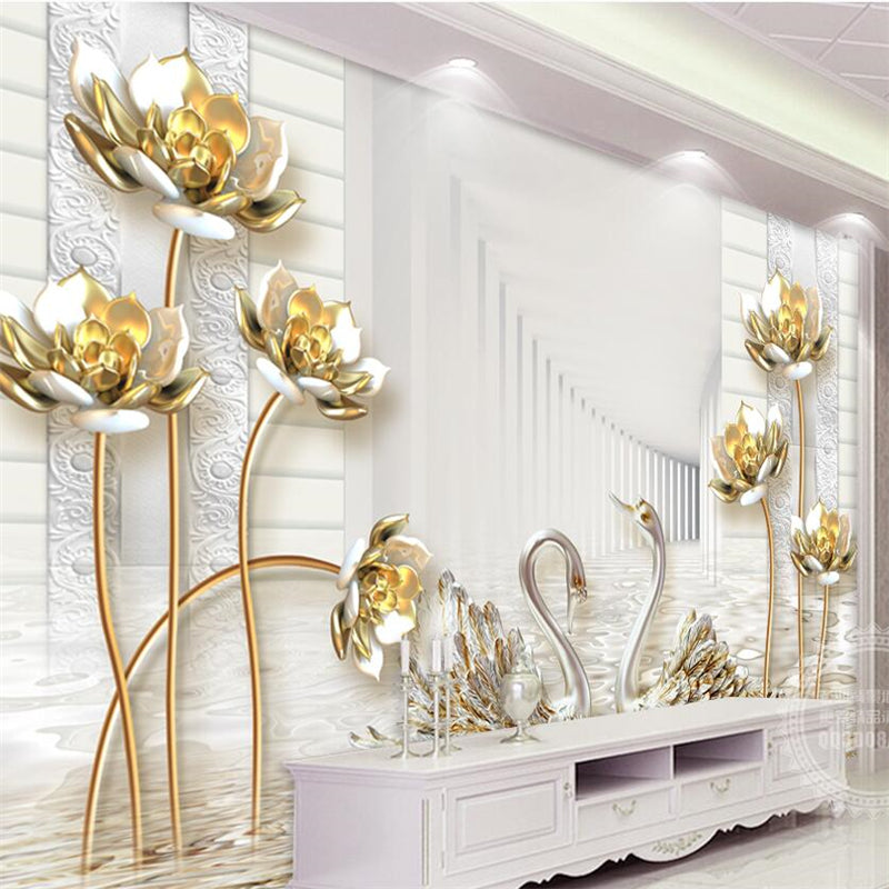 Avikalp Exclusive AWZ0249 3D wallpaper mural wallpaper simple gold lotus swan three dimensional 3d wall decoration murals HD 3D Wallpaper