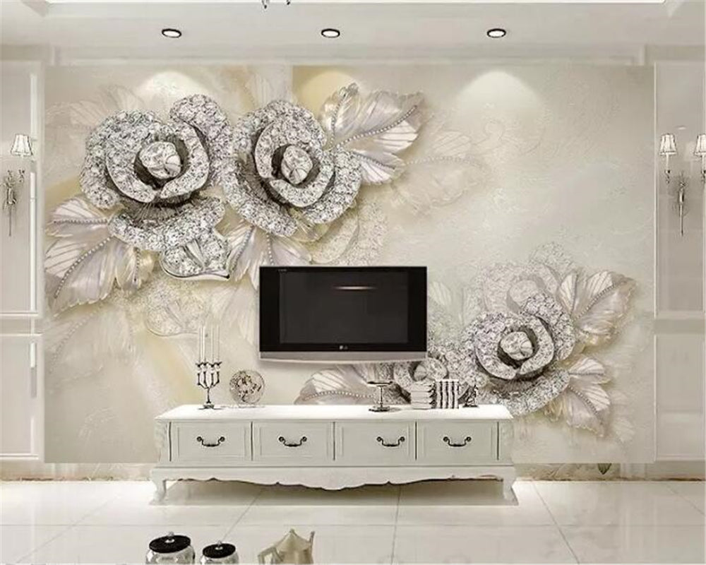 Avikalp Exclusive AWZ0269 3d Wallpaper 3d Mural Silver Diamond Rose Satin 3d Stereo Jewelry Tv Background HD 3D Wallpaper