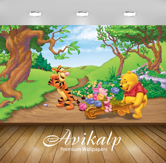 Avikalp Exclusive Awi2168 Tigger Piglet And Winnie The Pooh Spring Picking Flower Cart  Full HD Wall