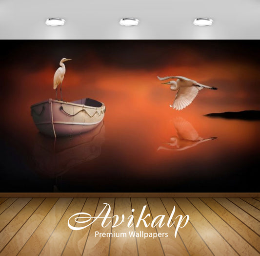 Avikalp Exclusive Awi2587 Egrets Lake Boat Red Sky Reflection In The Water Art Full HD Wallpapers fo