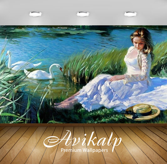 Avikalp Exclusive Awi2669 Girl And Swans Scenery Full HD Wallpapers for Living room, Hall, Kids Room