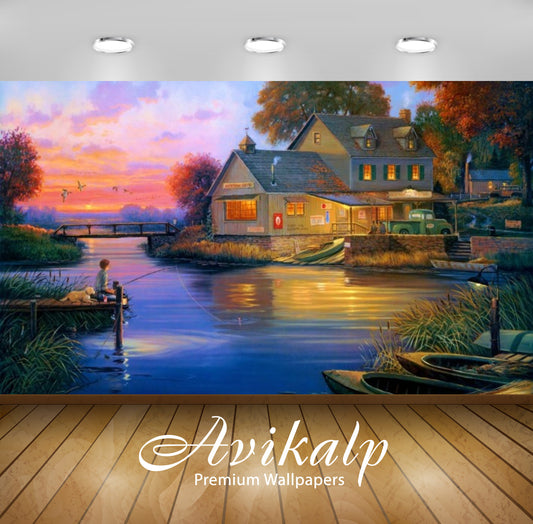 Avikalp Exclusive Awi2725 House Lake Boy Fishing Art Full HD Wallpapers for Living room, Hall, Kids