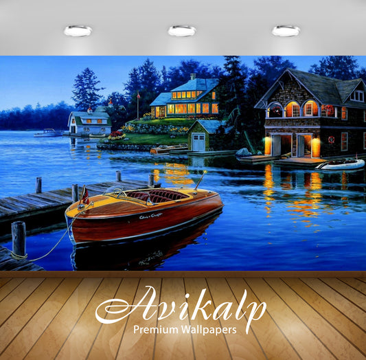 Avikalp Exclusive Awi2727 Houses Lake Boat Art Full HD Wallpapers for Living room, Hall, Kids Room,