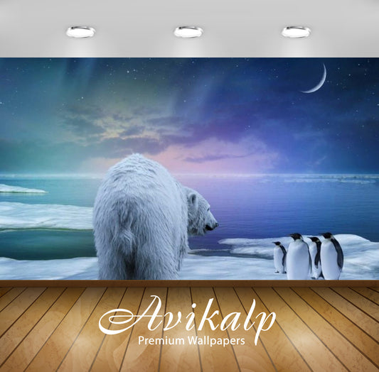 Avikalp Exclusive Awi2914 Polar Bear In The Company Of A Starry Sky Penguins New Moon Full HD Wallpa