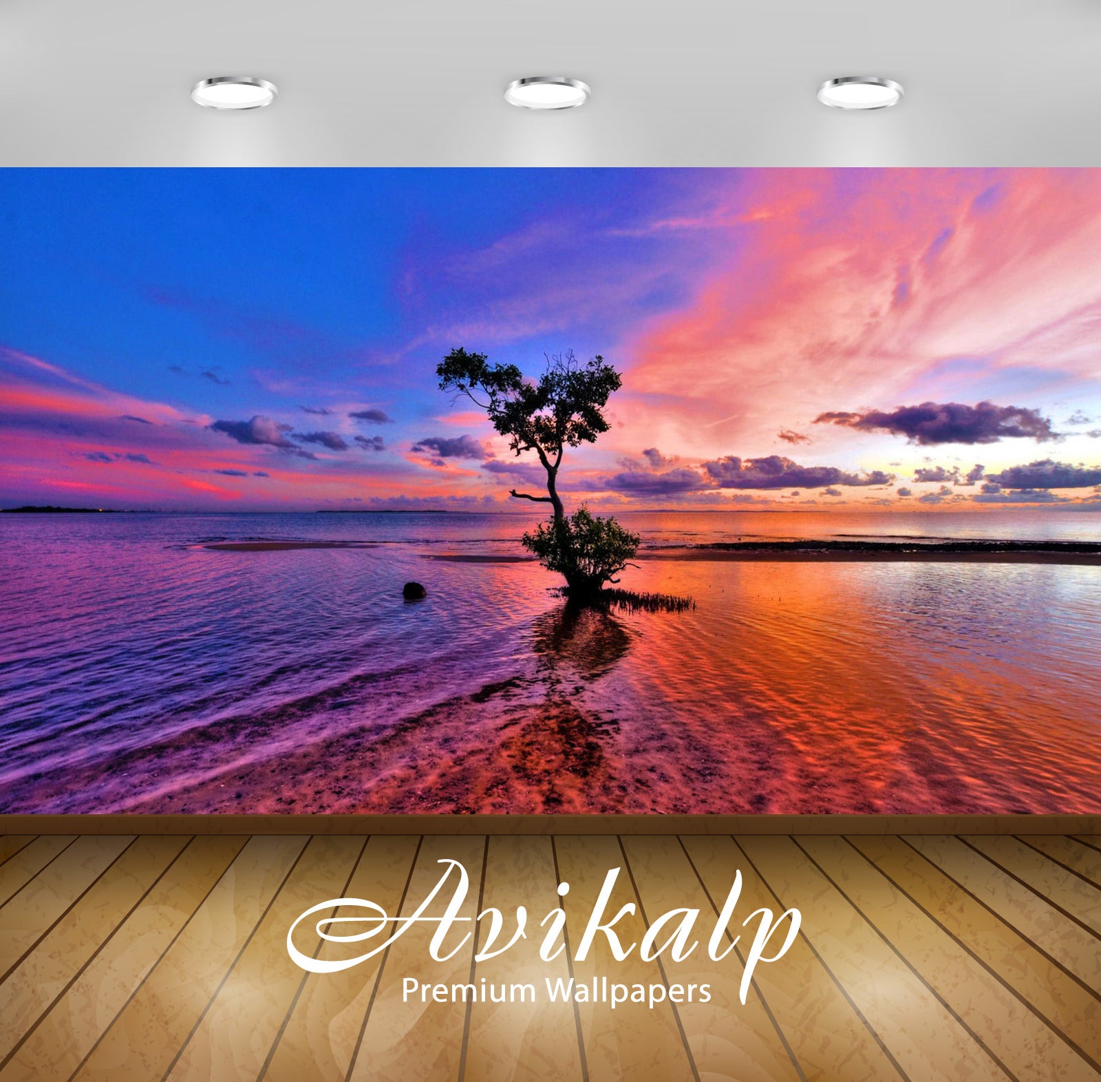 Avikalp Exclusive Awi2992 Sea Ocean Red Sunset Tree Beautiful Horizon Blue Clouds Reflection Full HD