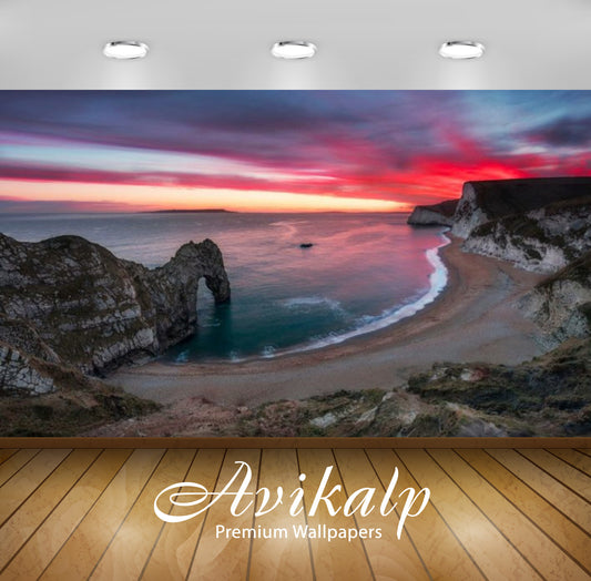 Avikalp Exclusive Awi2997 Sea Shore Sky In Flame Nice Red Sunset Over Durdle Door Full HD Wallpapers