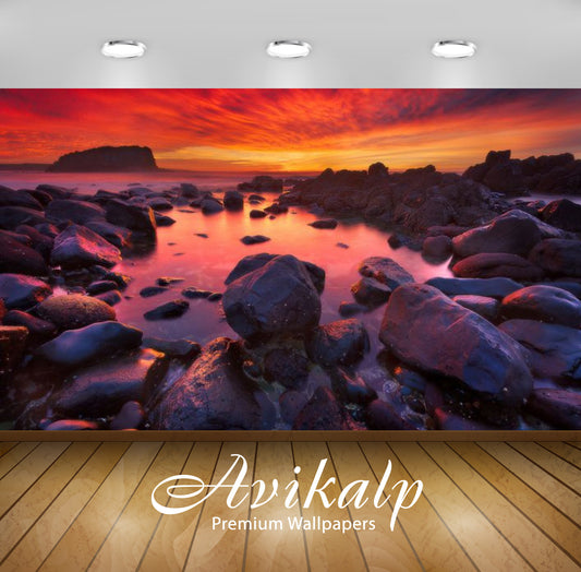 Avikalp Exclusive Awi3012 Minnamurra Australia Sea Coast With Rocks Ocean Sky With Red Cloud Sunset