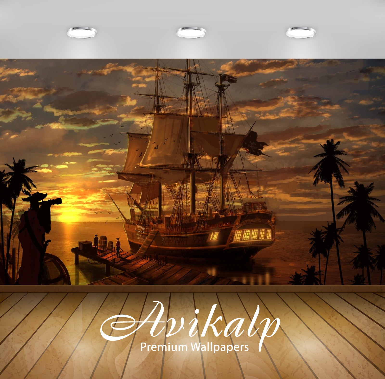 Avikalp Exclusive Awi3020 Ships Sunset Sea Full HD Wallpapers for Living room, Hall, Kids Room, Kitc