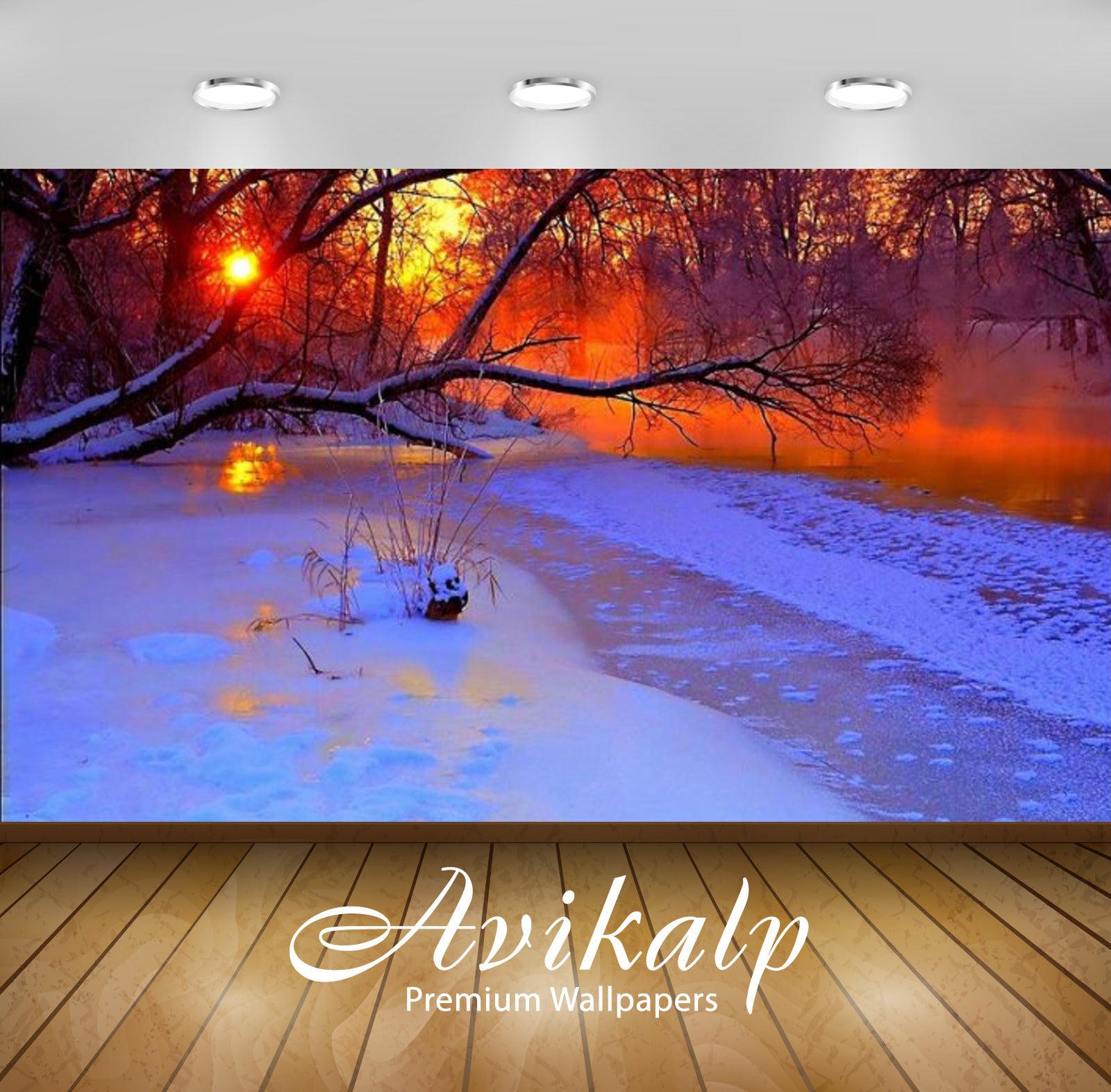 Avikalp Exclusive Awi3066 Sunrise River In The Winter Snow Trees Orange Sun Gassing Full HD Wallpape