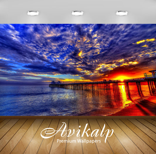 Avikalp Exclusive Awi3070 Sunset Beach Sea Pier Platform On Wooden Pillars Sky Clouds Evening Full H