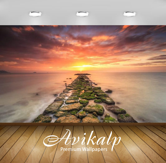 Avikalp Exclusive Awi3103 Sunset Red Cloud Sea Seaside Docking Port Stone Landscape Full HD Wallpape