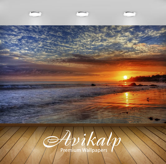 Avikalp Exclusive Awi3106 Sunset Red Sky Clouds Sea Waves Sandy Beach In Malibu California United St