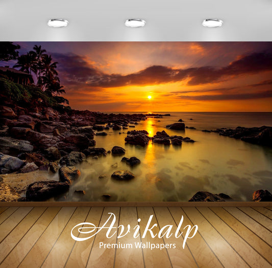 Avikalp Exclusive Awi3112 Sunset Tropical Sea Coast Palm Rocks Stones Sky With Yellow Red Glow Refle