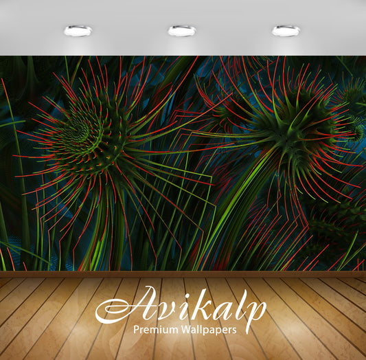 Avikalp Exclusive Awi4395 Fractal Red And Green Spikes Full HD Wallpapers for Living room, Hall, Kid