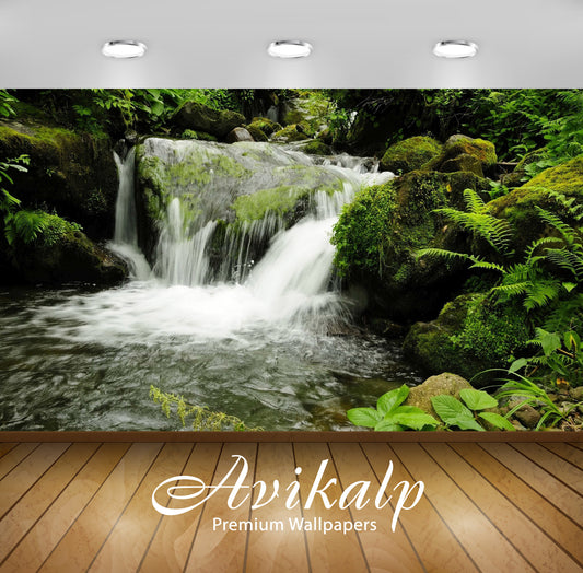 Avikalp Exclusive Awi5784 Mossy Waterfall Nature Full HD Wallpapers for Living room, Hall, Kids Room