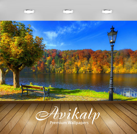 Avikalp Exclusive Awi6013 Riverside Bench And Lamp Nature Full HD Wallpapers for Living room, Hall,