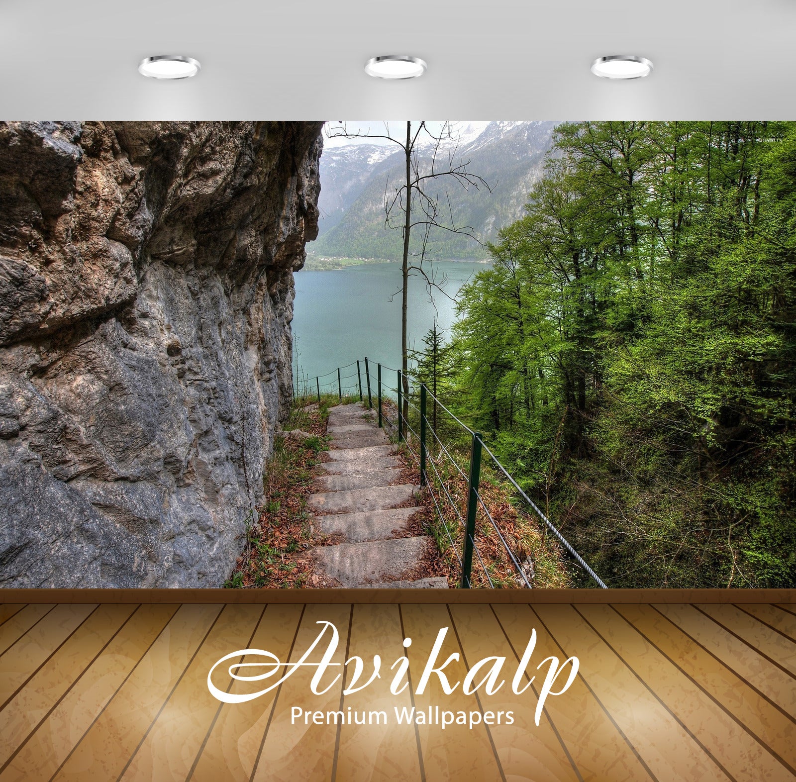 Avikalp Exclusive Awi6118 Rocky Stairs To The Lake Nature Full HD Wallpapers for Living room, Hall,