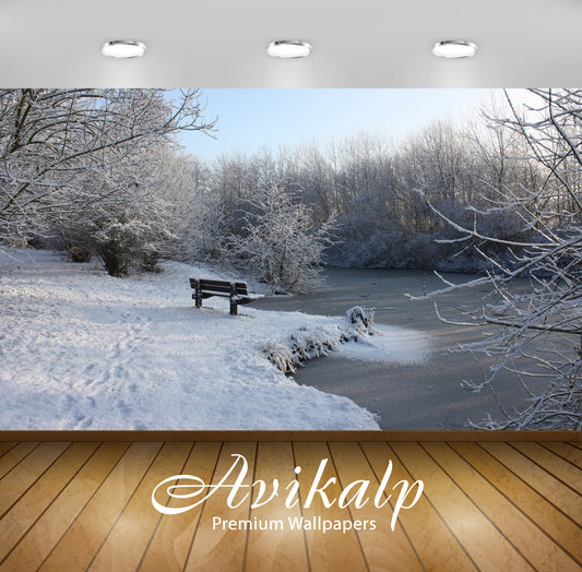 Avikalp Exclusive Awi6253 Snowy Bench By The Frozen River Nature Full HD Wallpapers for Living room,