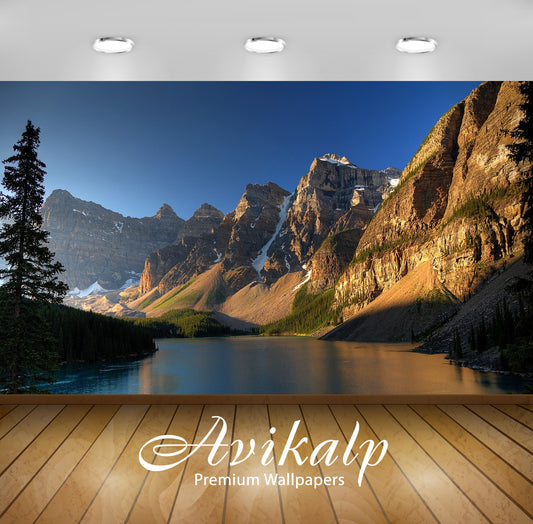 Avikalp Exclusive Awi6425 Sun Warming Up The Rocky Mountain Peaks By The River Nature Full HD Wallpa