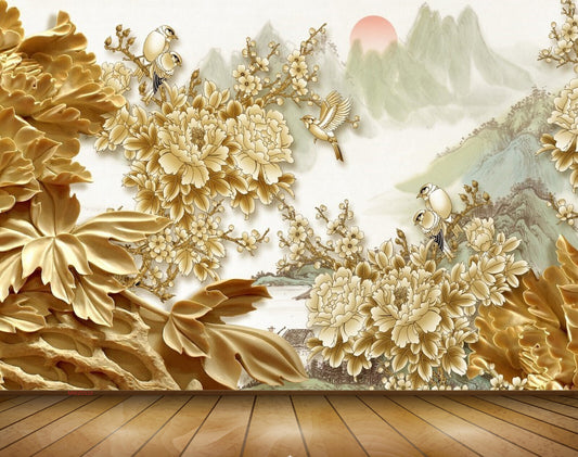 Avikalp MWZ0333 Golden Flowers Trees Birds Mountains Sun 3D HD Wallpaper