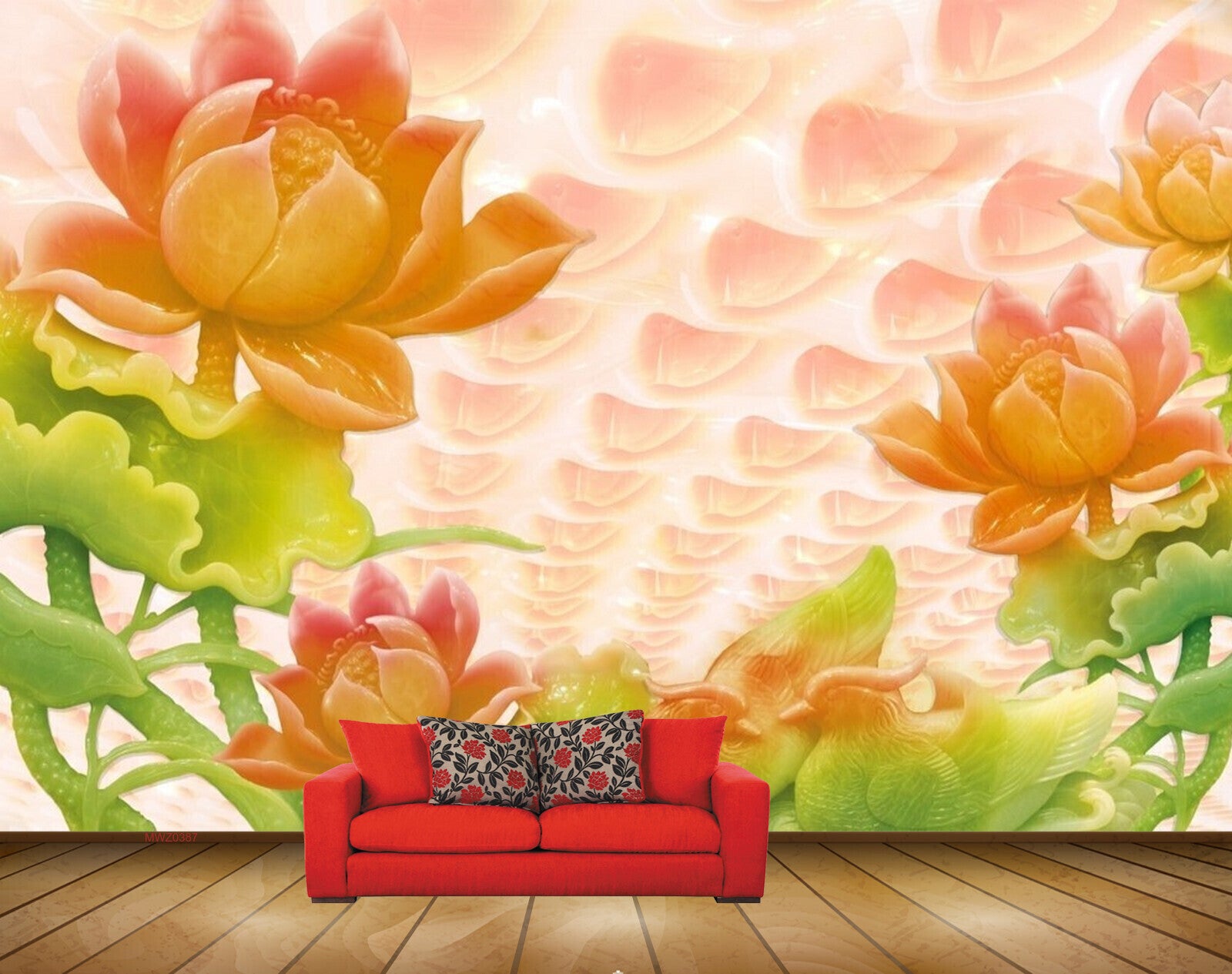 Avikalp MWZ0387 Pink Orange Flowers Leaves 3D HD Wallpaper