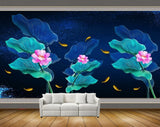 Avikalp MWZ0417 Pink Flowers Fishes Blue Green Leaves HD Wallpaper