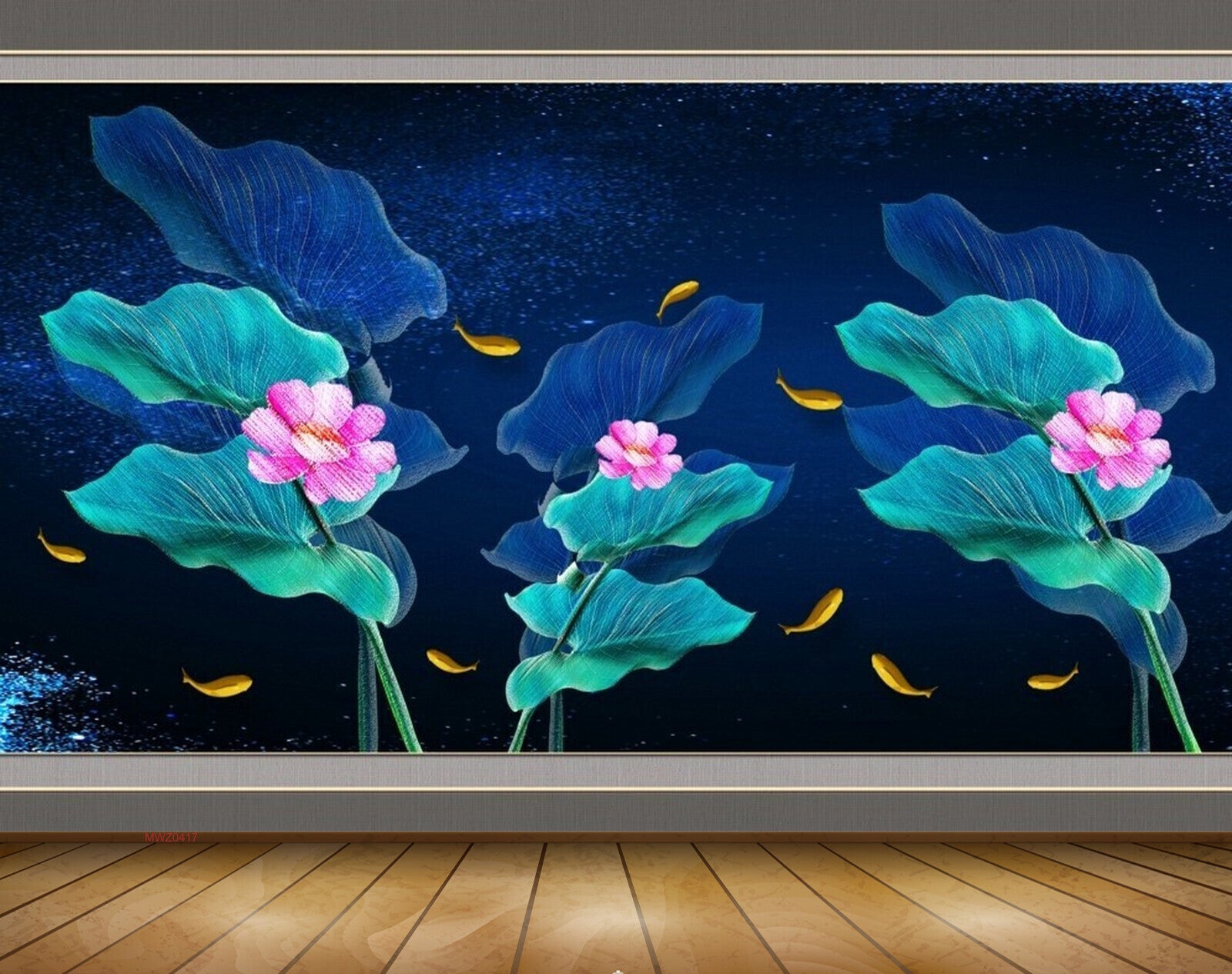 Avikalp MWZ0417 Pink Flowers Fishes Blue Green Leaves 3D HD Wallpaper