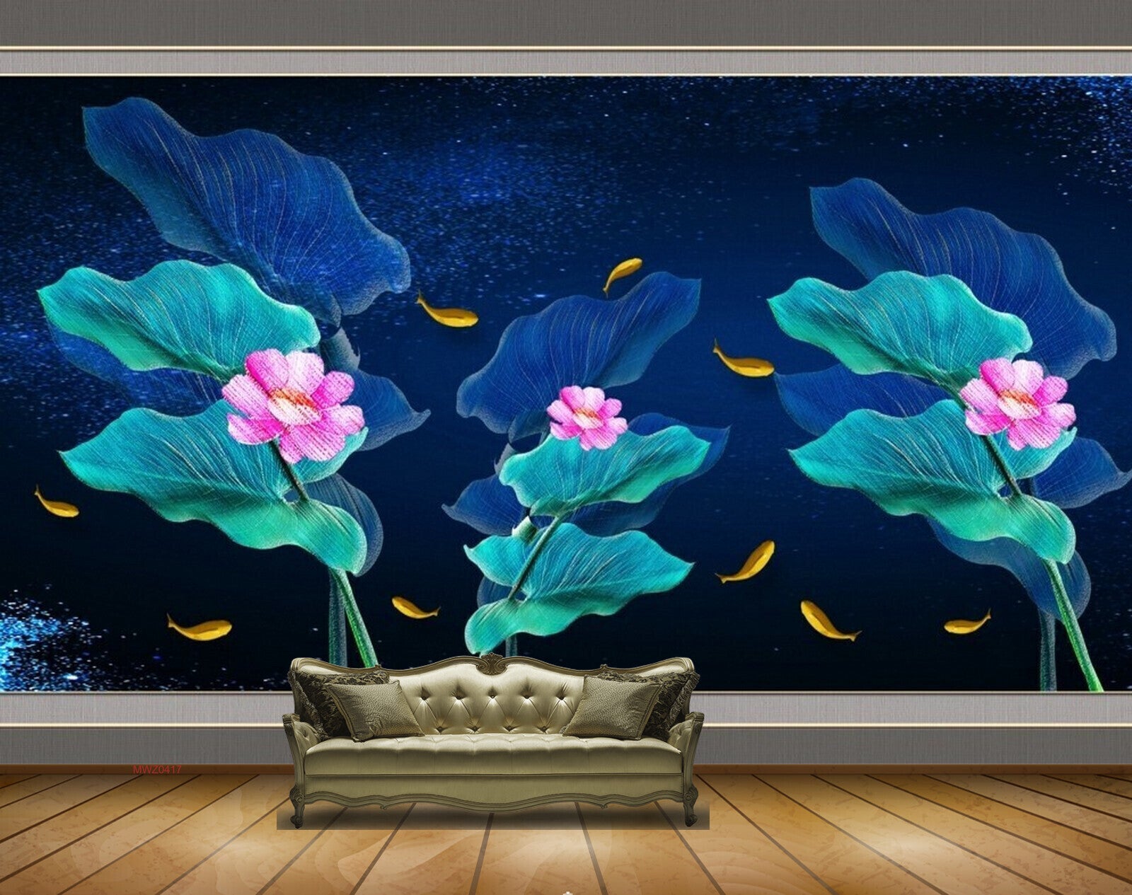 Avikalp MWZ0417 Pink Flowers Fishes Blue Green Leaves 3D HD Wallpaper