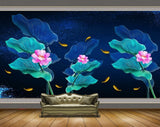 Avikalp MWZ0417 Pink Flowers Fishes Blue Green Leaves 3D HD Wallpaper