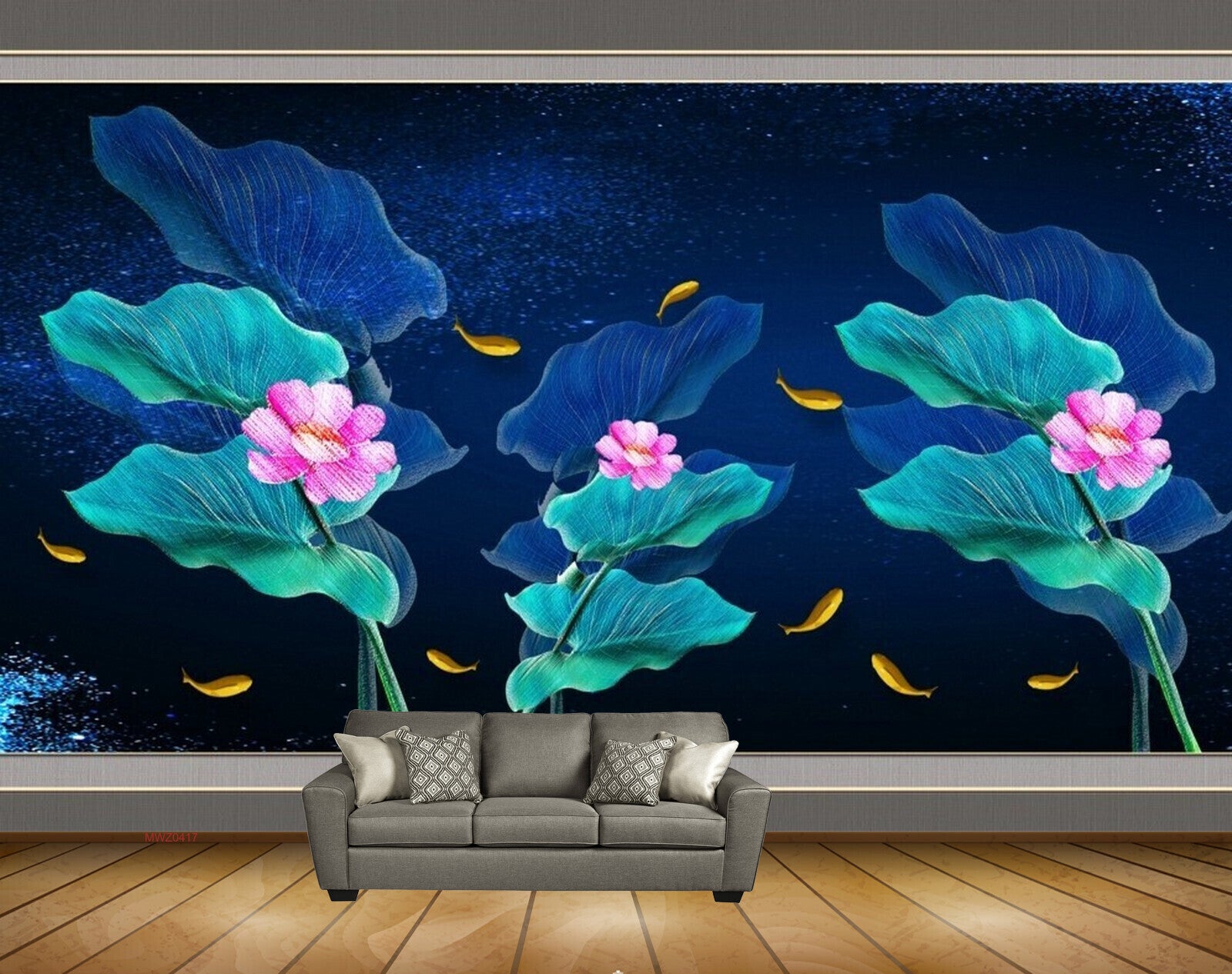 Avikalp MWZ0417 Pink Flowers Fishes Blue Green Leaves 3D HD Wallpaper