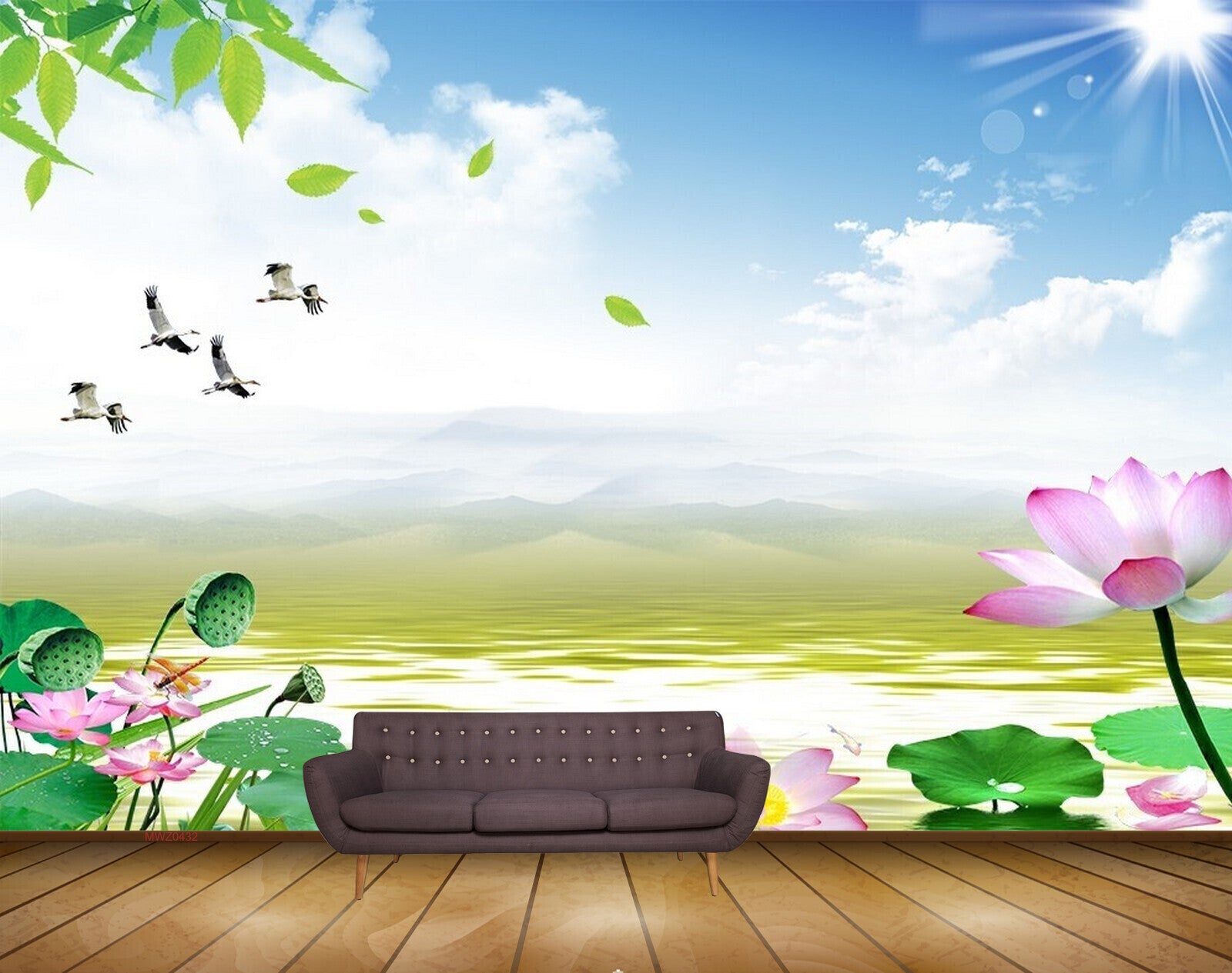 Avikalp MWZ0432 Pink Flowers Birds Leaves Sun Sky 3D HD Wallpaper