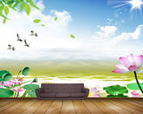 Avikalp MWZ0432 Pink Flowers Birds Leaves Sun Sky 3D HD Wallpaper