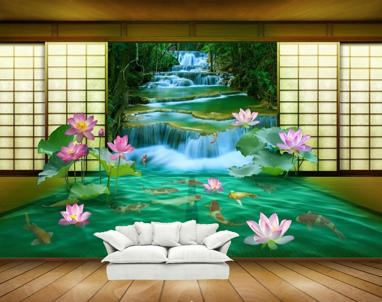 Avikalp MWZ0454 Pink Lotus Flowers Fishes Waterfall HD Wallpaper