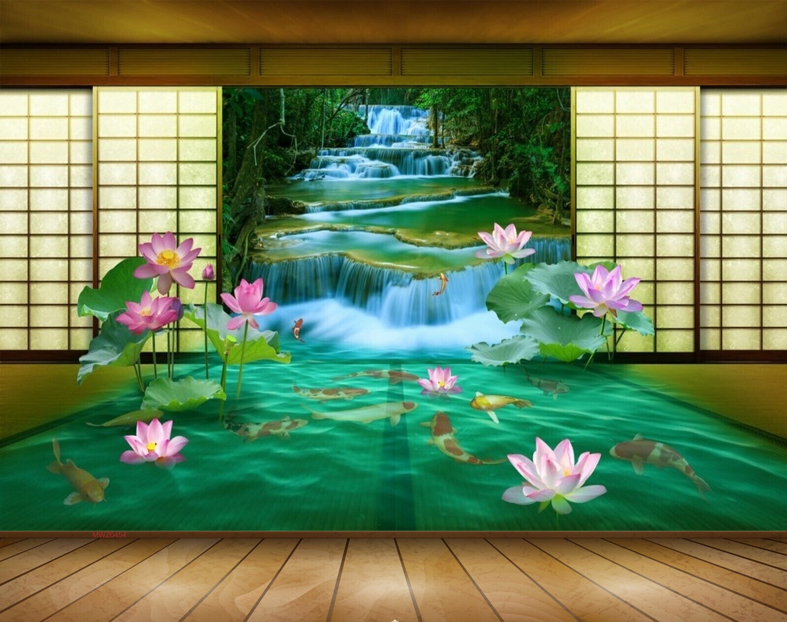 Avikalp MWZ0454 Pink Lotus Flowers Fishes Waterfall 3D HD Wallpaper