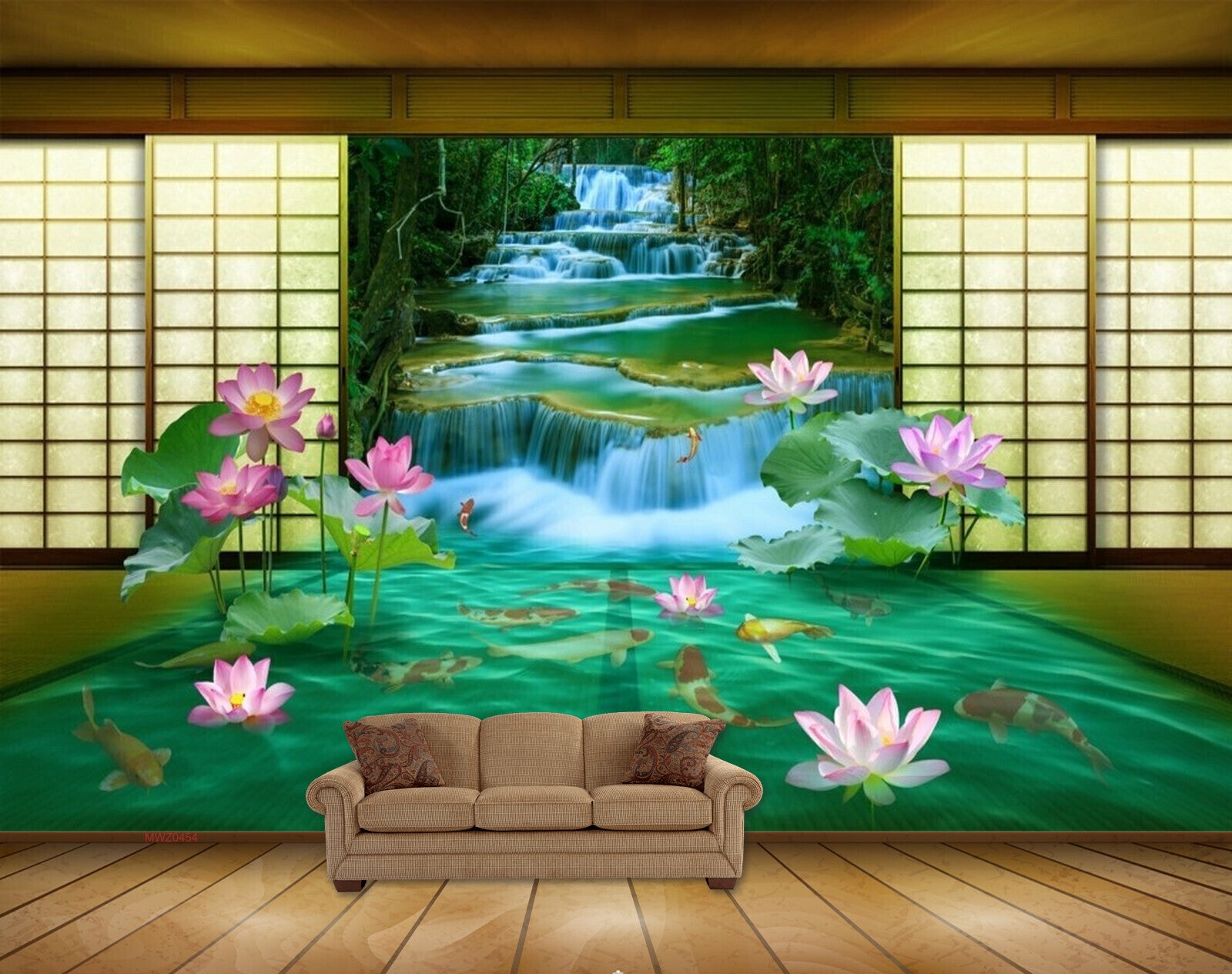 Avikalp MWZ0454 Pink Lotus Flowers Fishes Waterfall 3D HD Wallpaper