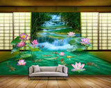 Avikalp MWZ0454 Pink Lotus Flowers Fishes Waterfall 3D HD Wallpaper